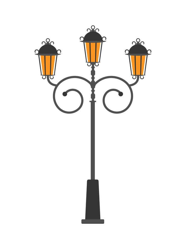 Street post lantern with three lamps in flat style isolated on white background. Vector illustration.