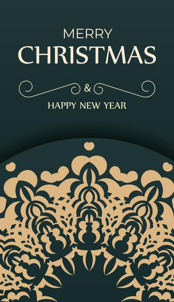 Merry christmas and happy new year flyer template dark green color with vintage yellow ornament vector