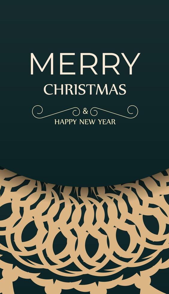 Merry Christmas and Happy New Year greeting flyer template in dark green color with abstract yellow ornament vector