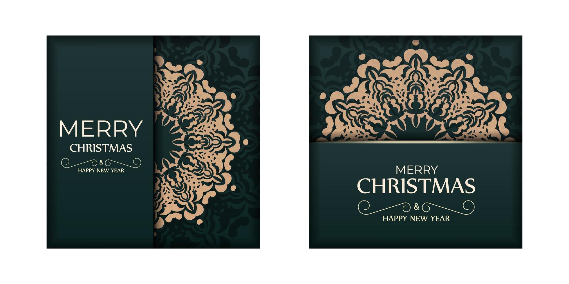 Merry christmas and happy new year flyer template dark green color with vintage yellow pattern vector