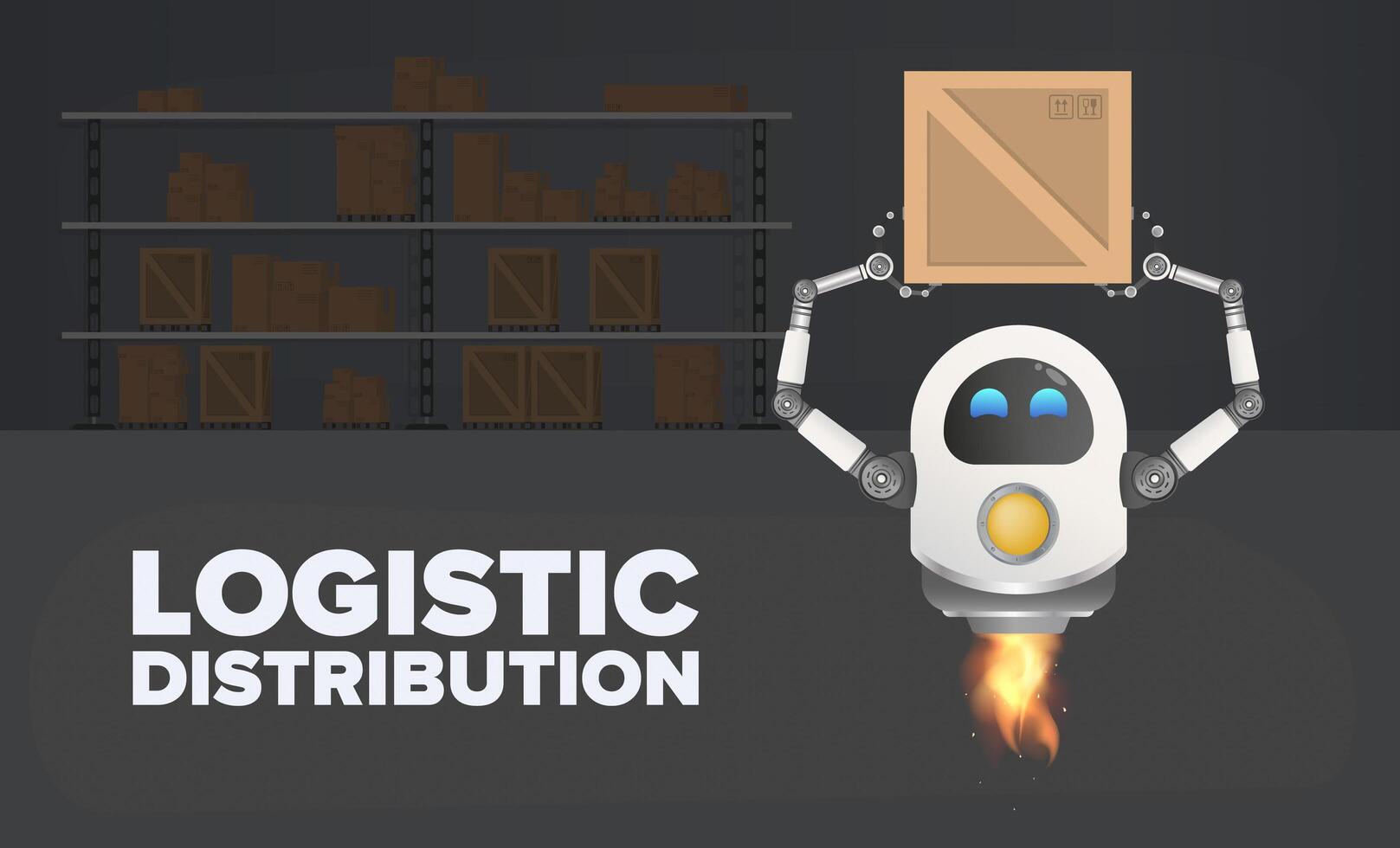Logistic distribution. The flying robot picks up the box. Large warehouse with pallets, wooden and cardboard boxes. illustration. vector