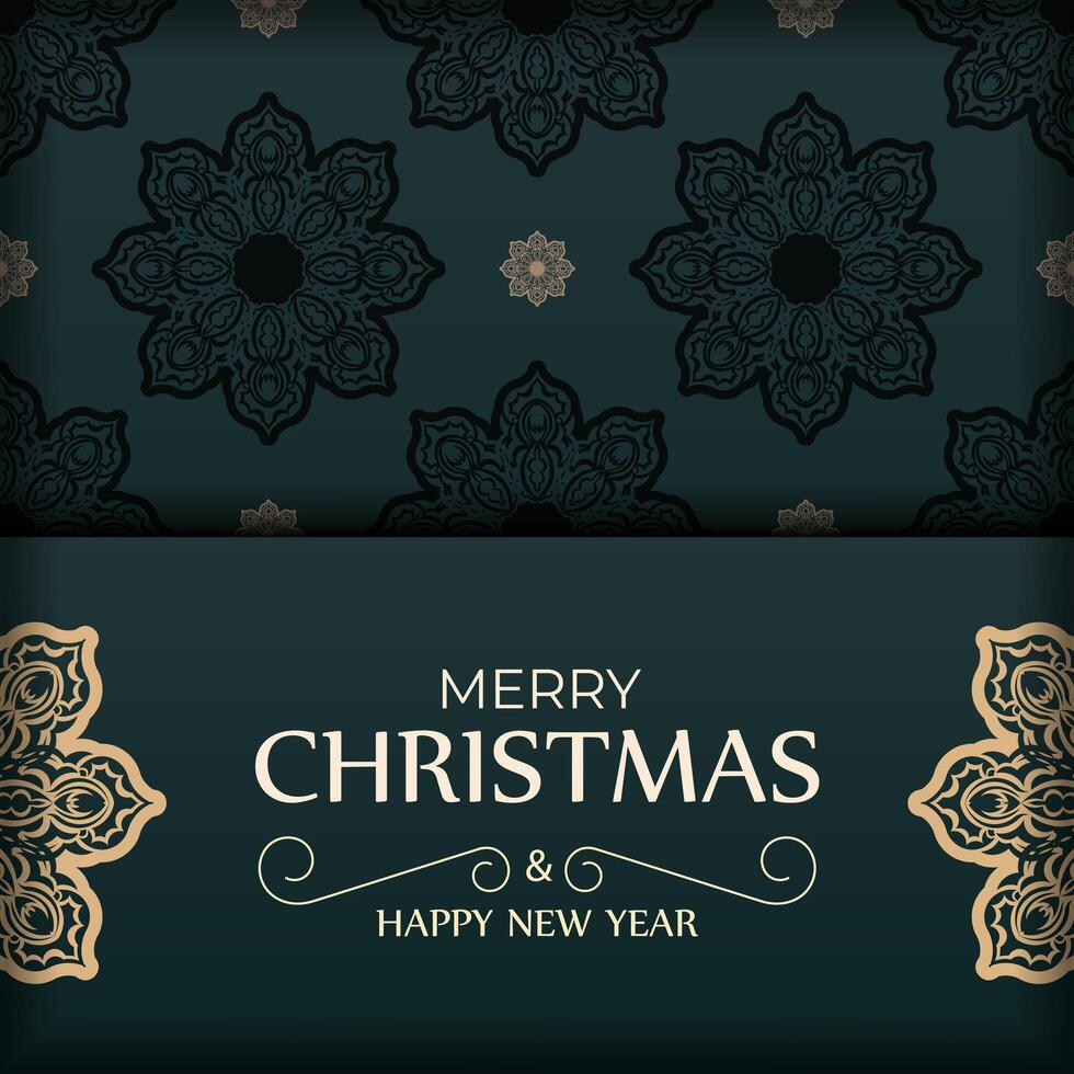 Holiday card Merry Christmas and Happy New Year in dark green color with vintage yellow pattern vector