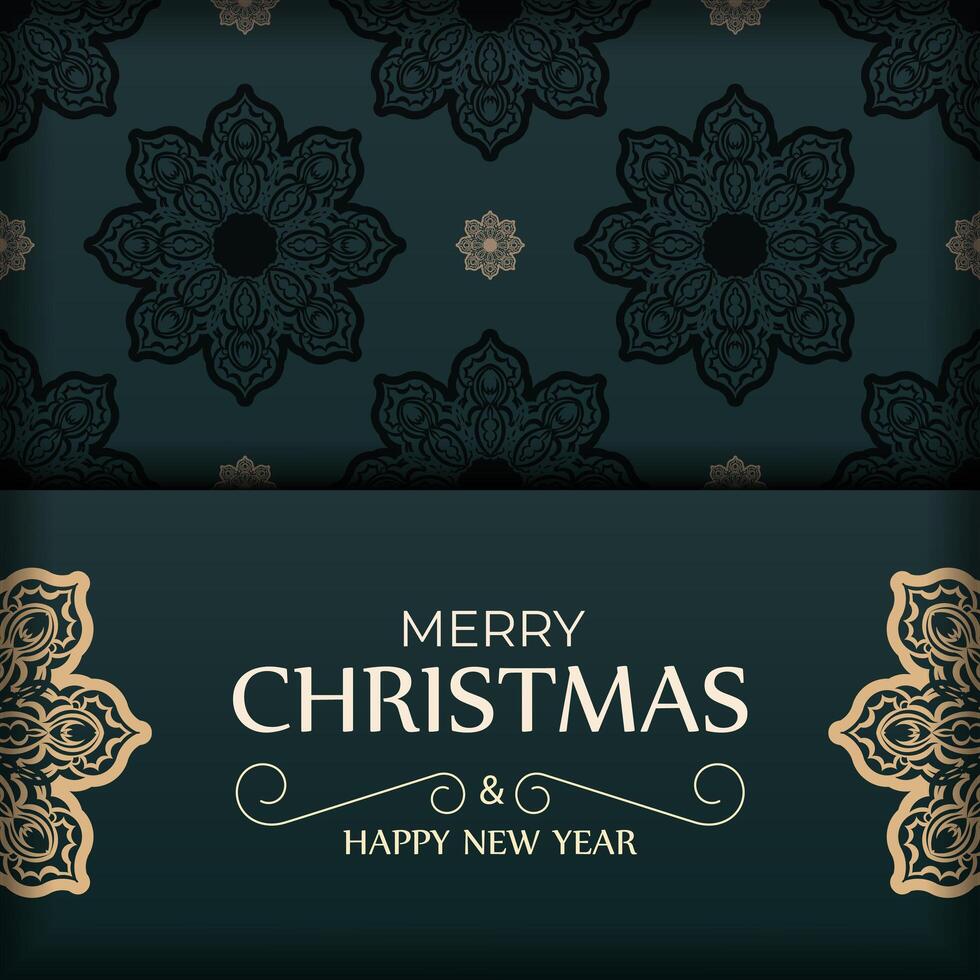 Holiday card Merry Christmas and Happy New Year in dark green color with vintage yellow pattern vector