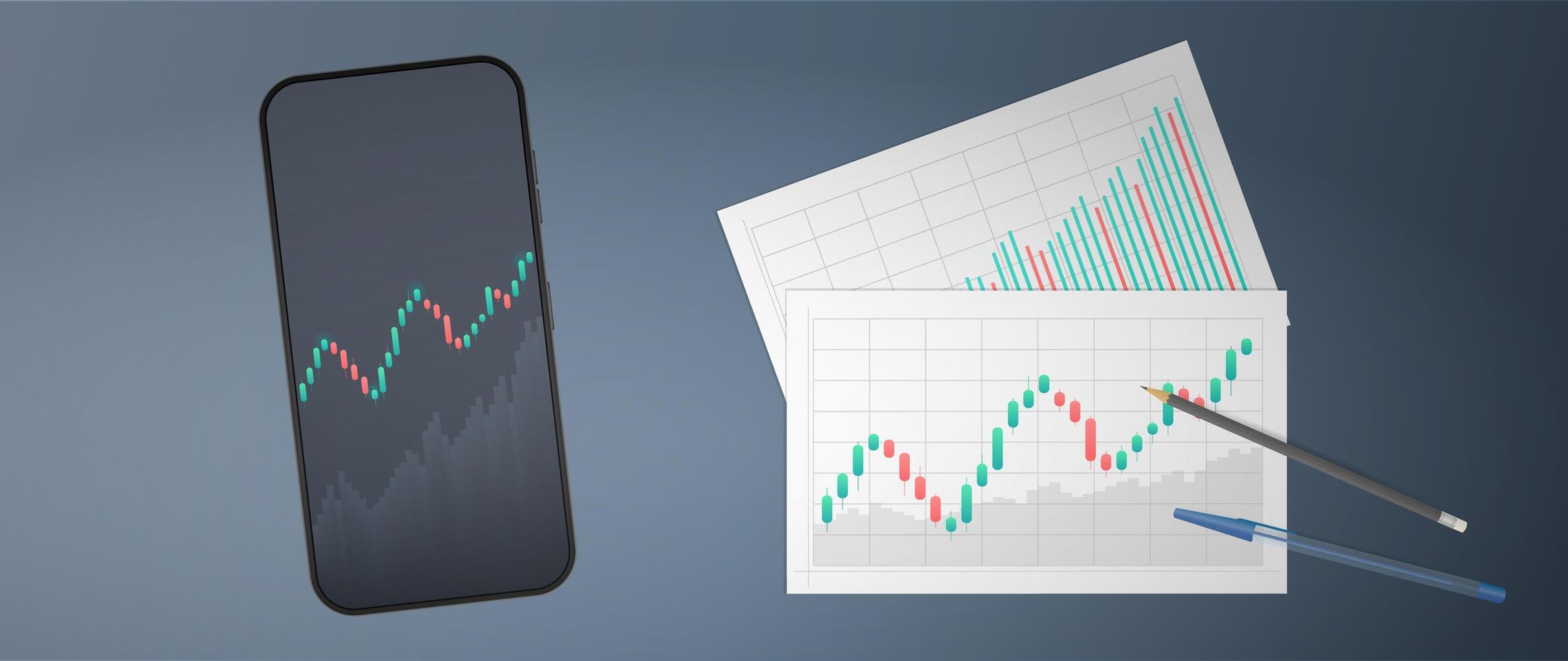 Phone with uptrend line chart, histogram and bull market stock numbers. Letterheads with business charts. Vector. vector