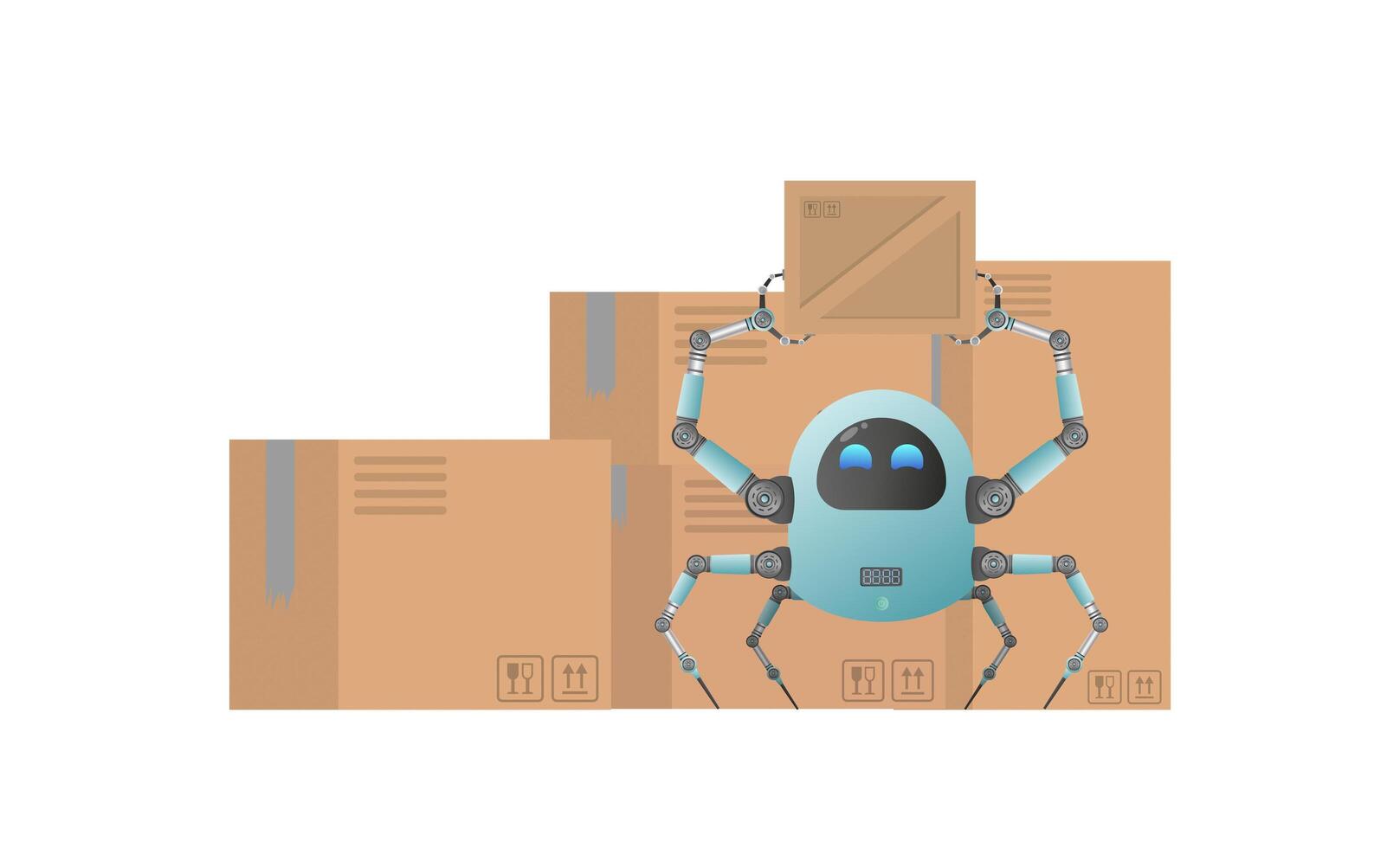 A small futuristic robot picks up a parcel. Carton boxes. Cargo delivery concept. Isolated. Cartoon style. Vector