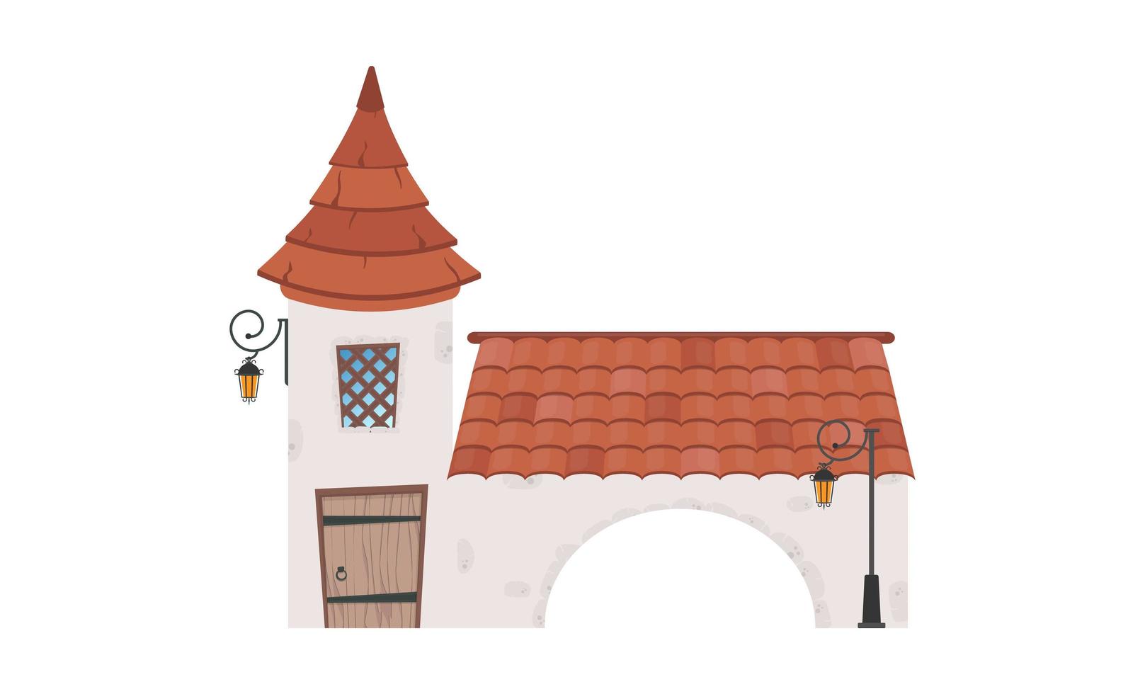 House with a tower and an arch. Stone building with windows, door and roof. Cartoon style. For the design of games, postcards and books. Isolated. Vector