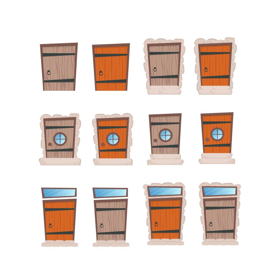 Wooden doors set of different door types, door frames, windows, doors, doors with windows vector