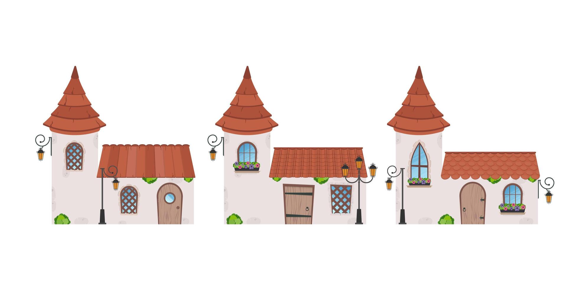 conjunto de pequeñas casas de hadas. edificio de piedra con ventanas, puerta y techo. estilo de dibujos animados para el diseño de juegos, postales y libros. aislado sobre fondo blanco. ilustración vectorial vector