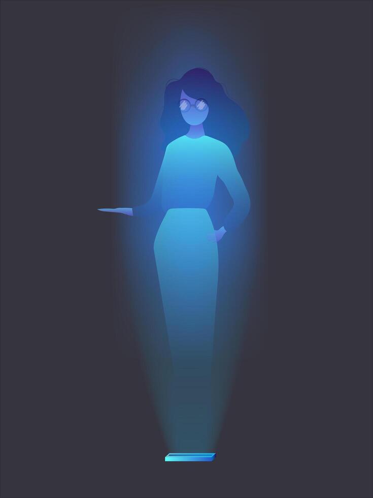 A hologram of a girl with glasses. Futuristic silhouette of a girl in neon light. Isolated on a dark background. Vector. vector