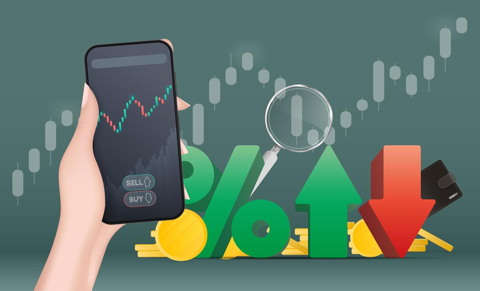 A hand holds a phone with a growth graph. The concept of trading on the finance exchange. Percentage with up and down arrows. Realistic style. Vector. vector