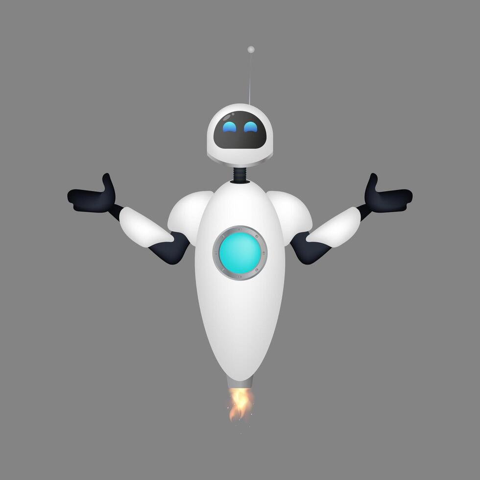 The friendly white flying robot makes a helpless gesture. Welcome robot. Good for apps and games. Vector. vector