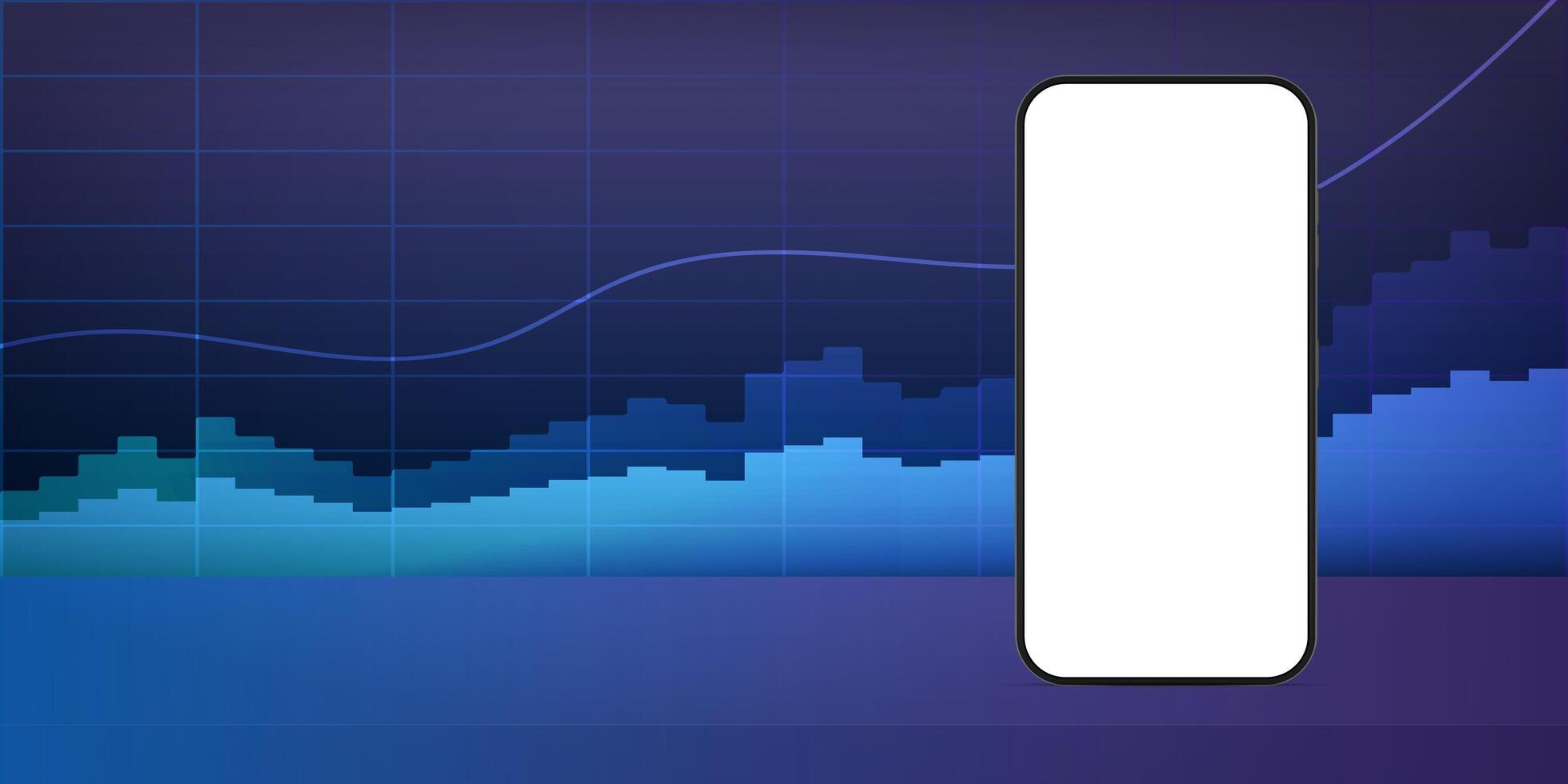 Phone with a white screen on the background of financial charts. Neon colors. The concept of analytics, business or trading on the financial exchange. Vector. vector