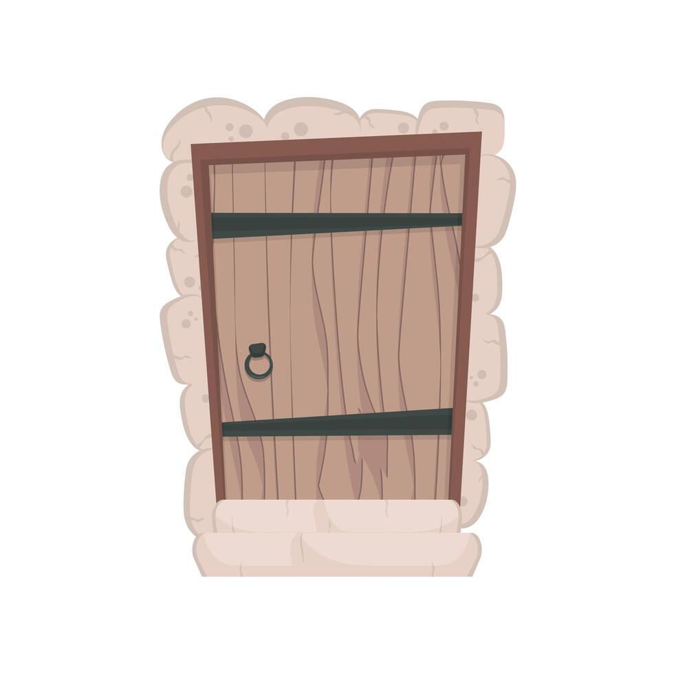 Antique rectangular wooden entrance door. Stone cladding. Isolated. Vector. vector