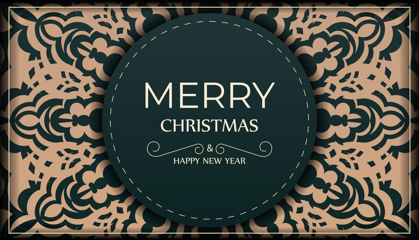 Merry Christmas and Happy New Year greeting card template in dark green color with vintage yellow ornament vector