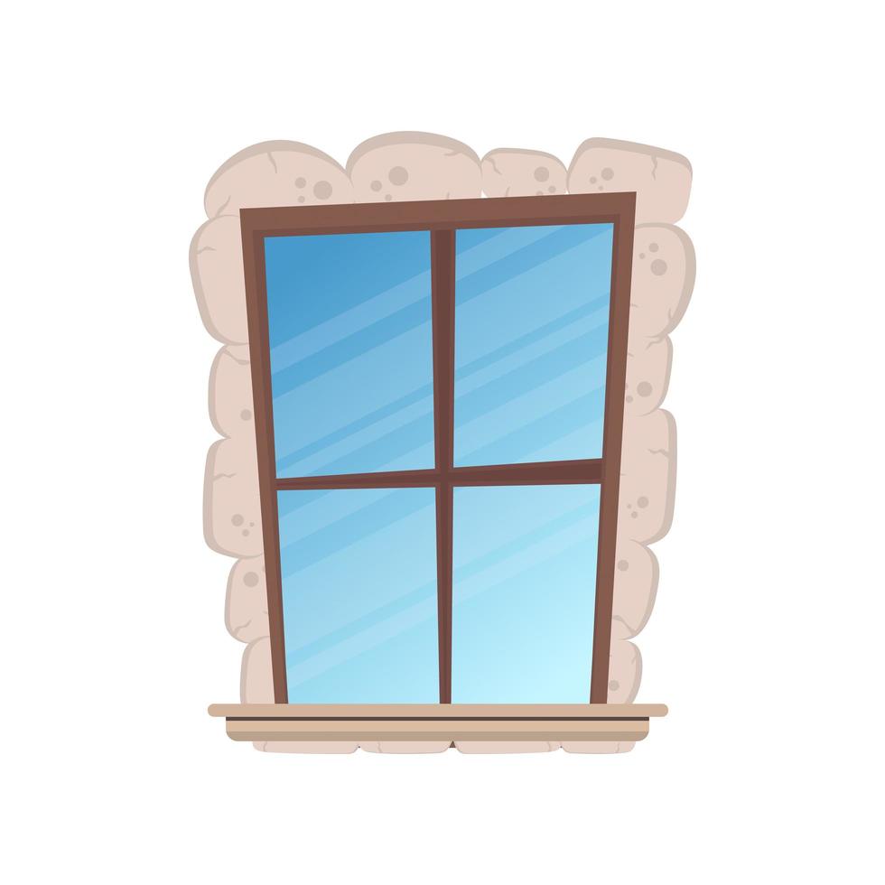 Rectangular window in cartoon style. Stone cladding. For the design of games or buildings. Isolated. Vector. vector