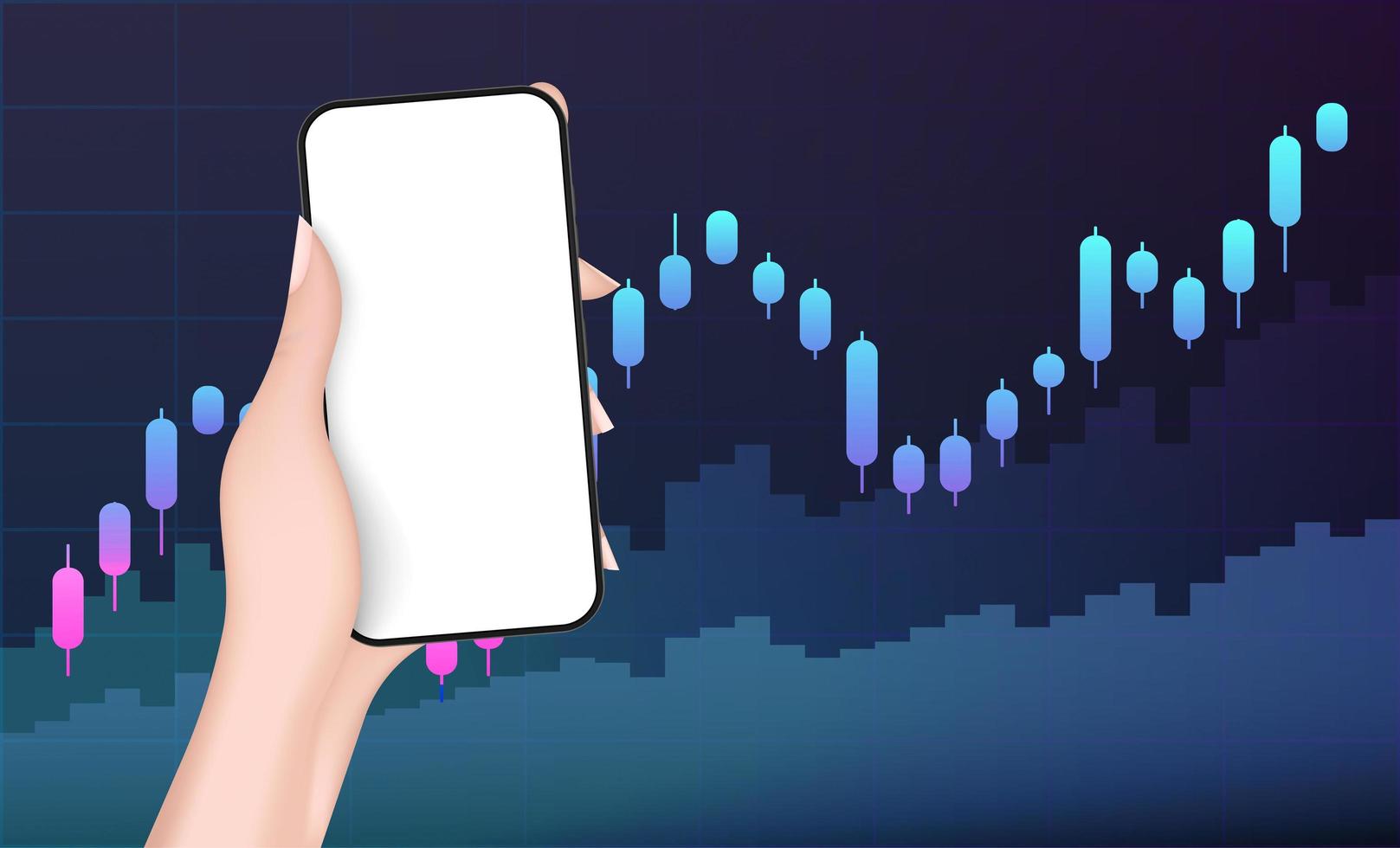 A hand holds a phone with a white screen on the background of financial charts. The concept of analytics, business or trading on the financial exchange. Neon colors, realistic style. Vector. vector