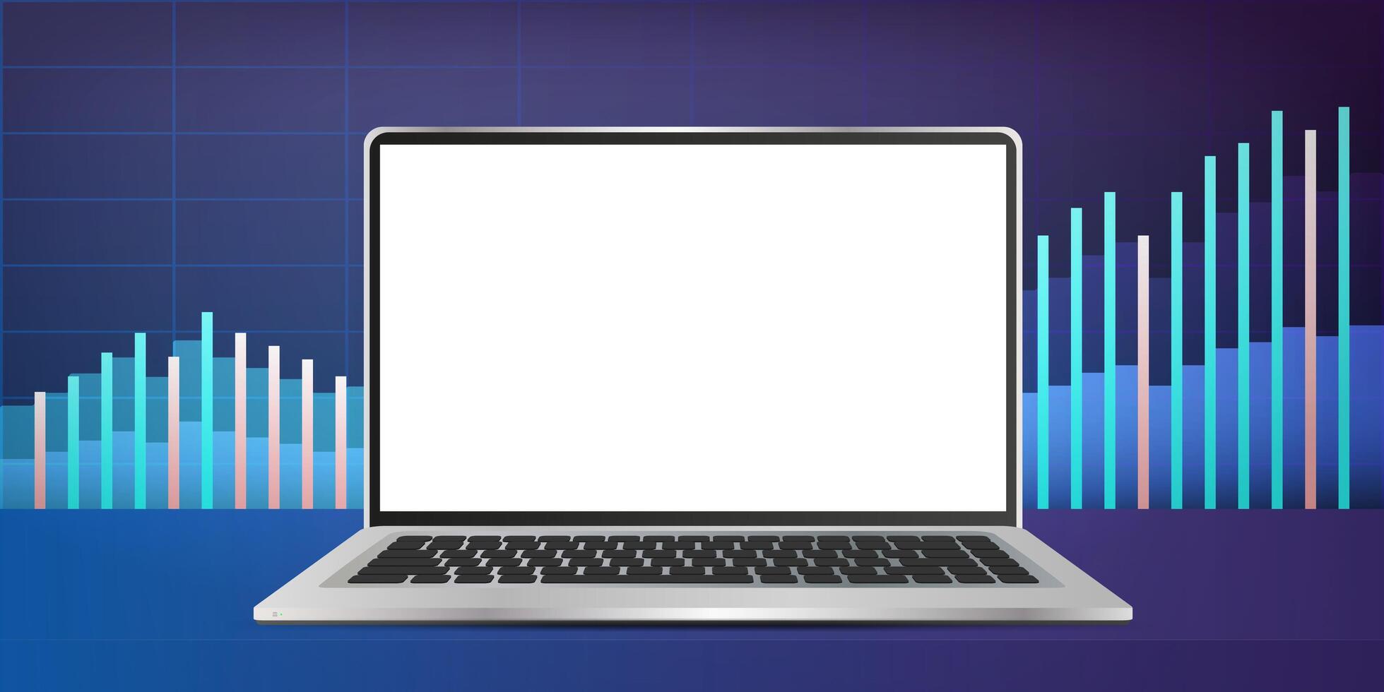 Laptop with white screen on the background of financial charts. The concept of analytics, business or trading on the financial exchange. Vector. vector