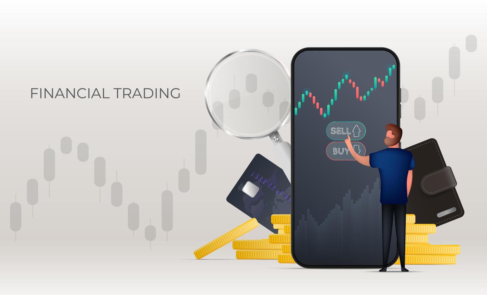 Trading banner. A man buys stocks or currency on the stock exchange through the phone. Stock market investment trading concept. Candlestick chart. Vector illustration.