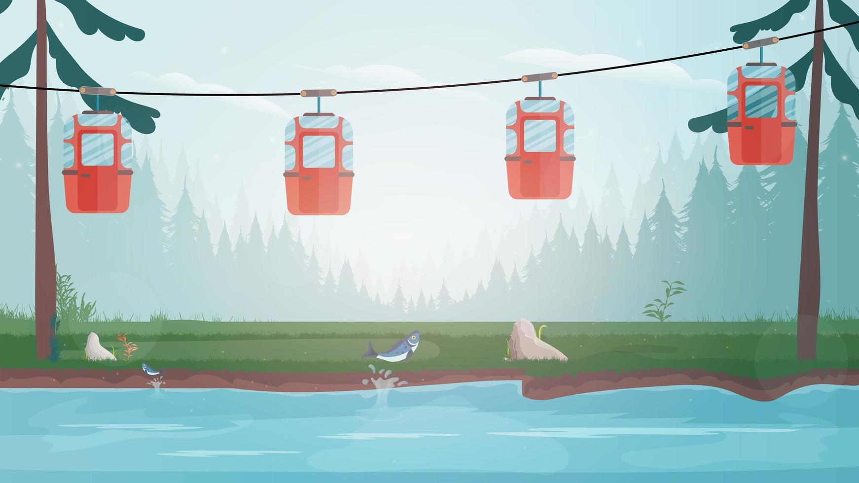 Cable car with trailers in the forest. Fairy forest with a river. Cartoon style. Vector illustration.