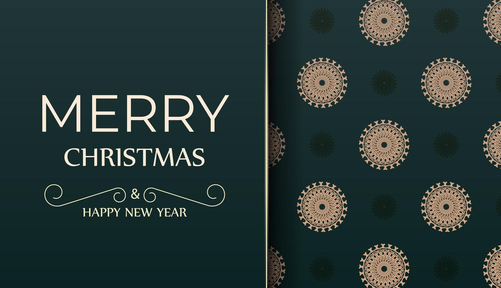 Merry Christmas and Happy New Year greeting flyer template in dark green color with vintage yellow pattern vector