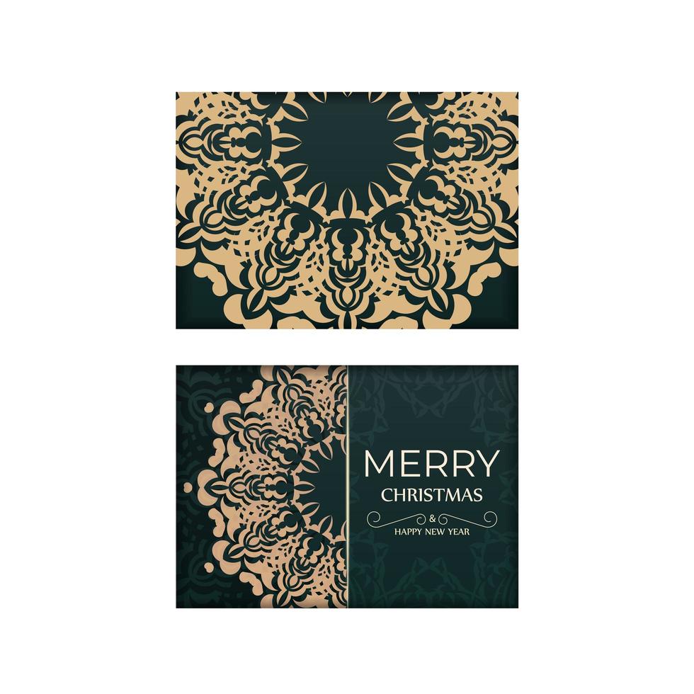 Happy new year flyer template in dark green color with winter yellow ornament vector