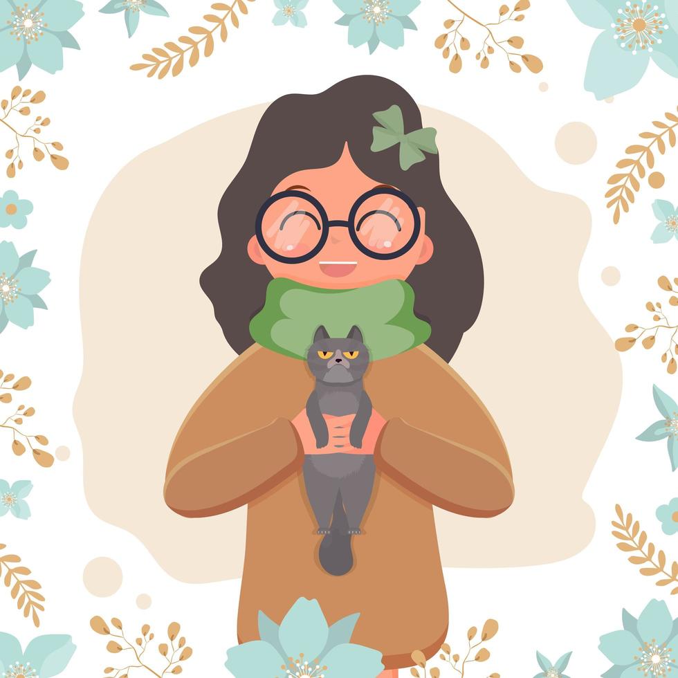 A cute girl is holding a gray cat in her arms. Vector