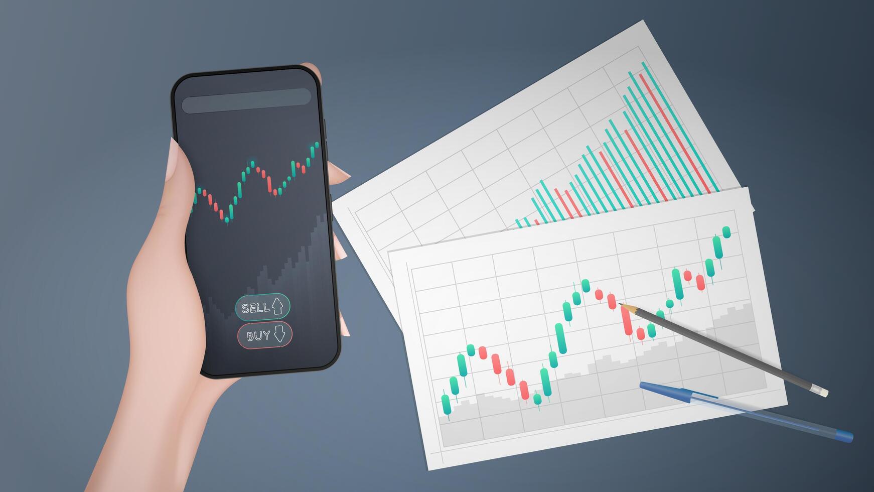Stock market chart on smartphone, hand holding a pen and paper vector