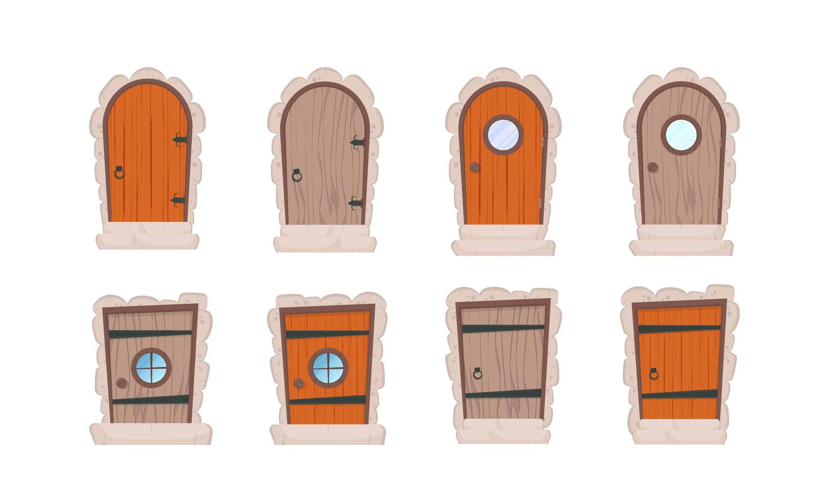 conjunto de puertas de madera al estilo de las caricaturas. elementos para el diseño de juegos o casas. aislado. ilustración vectorial vector