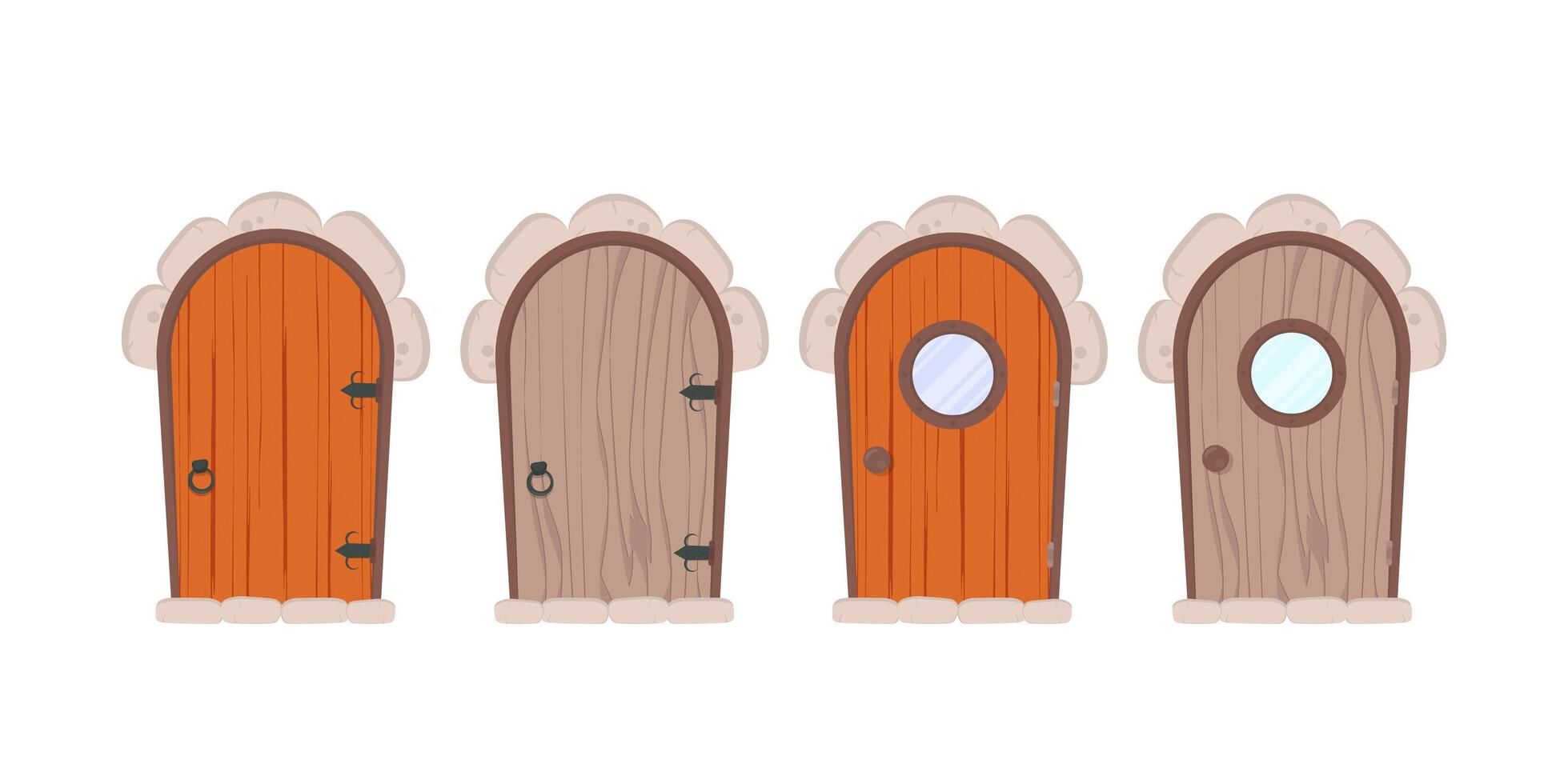 juego de puertas antiguas de madera. revestimiento y escalones de piedra. textura de madera. estilo de dibujos animados aislado, ilustración vectorial. vector