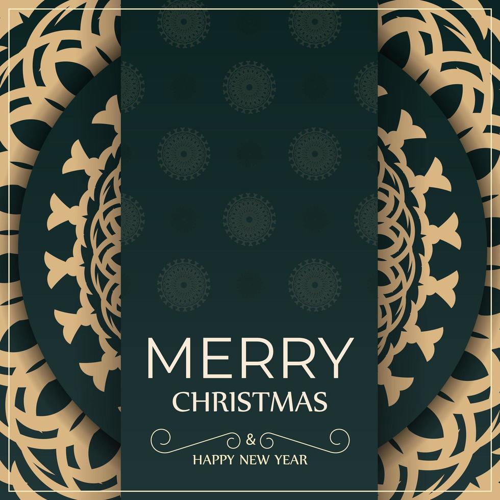 plantilla de folleto de saludo de feliz navidad y feliz año nuevo en color verde oscuro con patrón amarillo vintage vector