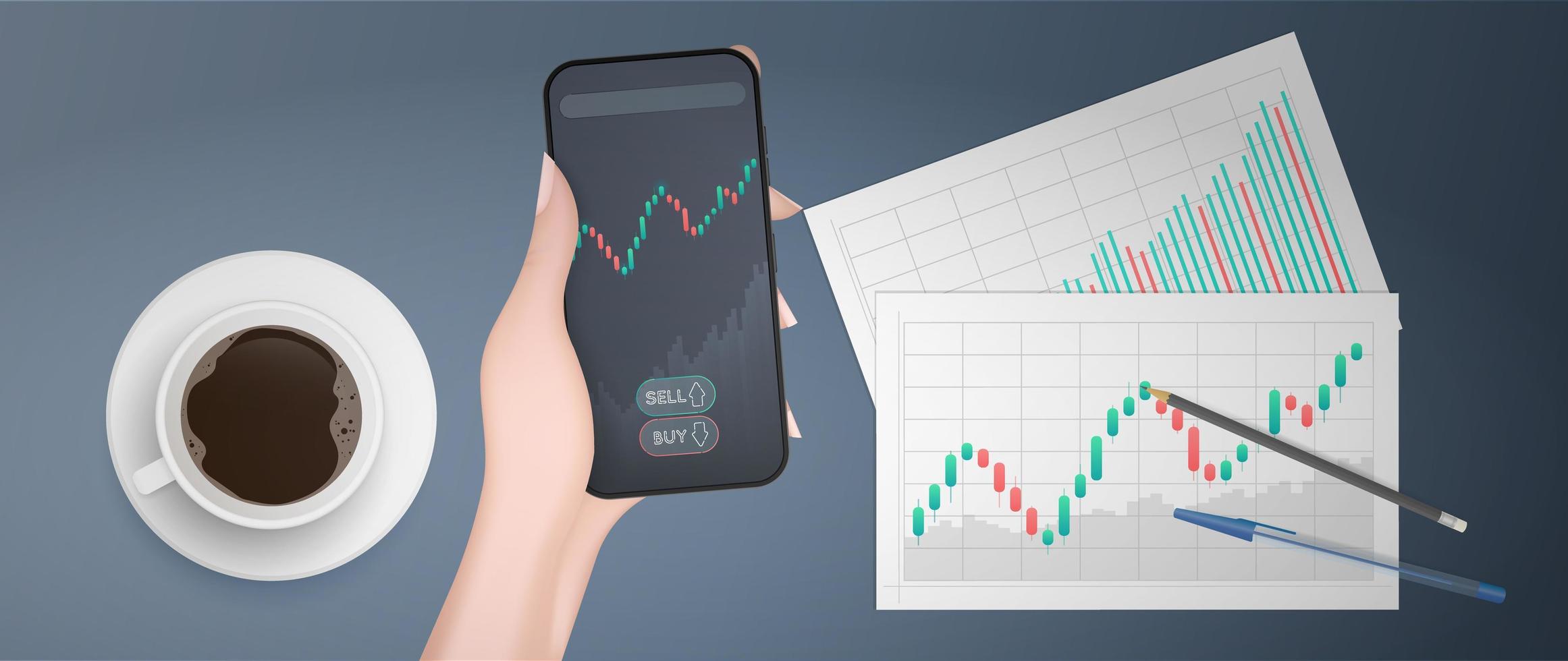 espacios en blanco con gráficos comerciales, gráfico de líneas de tendencia alcista, histograma y números de acciones del mercado alcista. una mano sostiene un teléfono con un gráfico de crecimiento. vector. vector