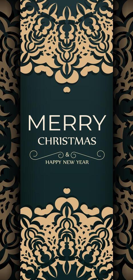 Greeting card template Merry Christmas and Happy New Year in dark green color with winter yellow pattern vector