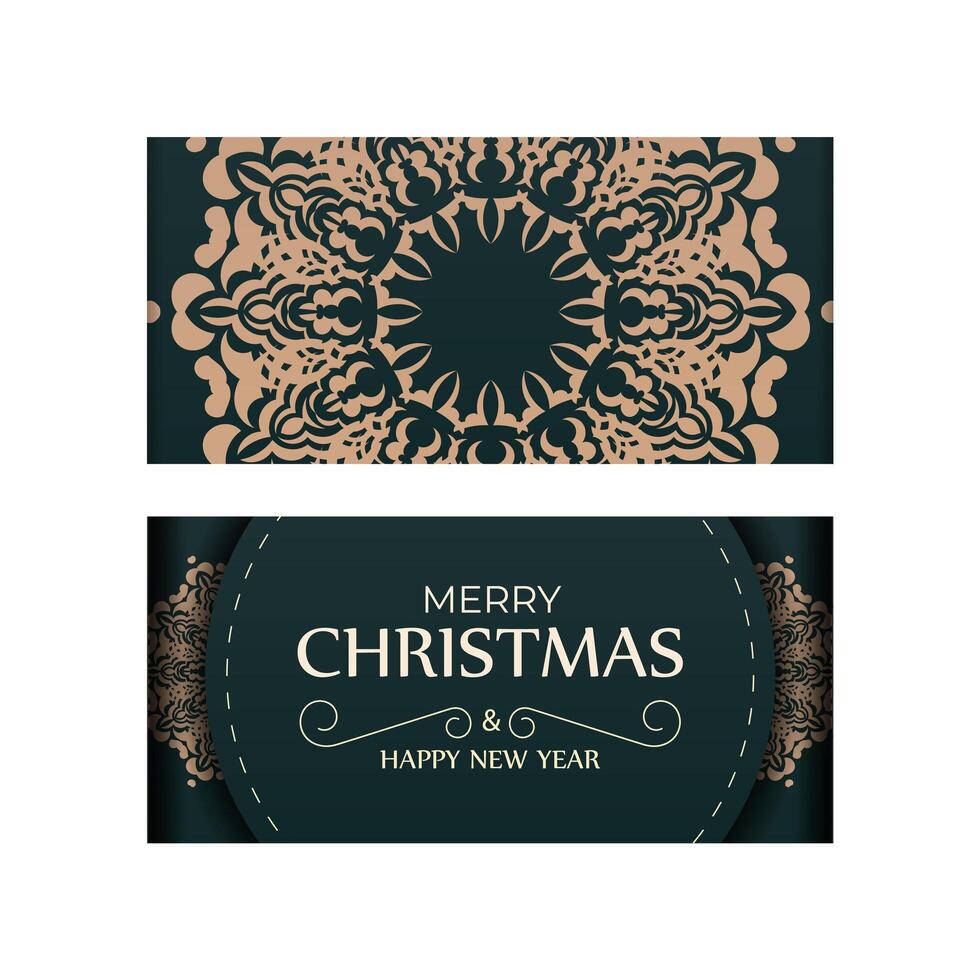 Merry Christmas and Happy New Year greeting card template in dark green color with vintage yellow pattern vector