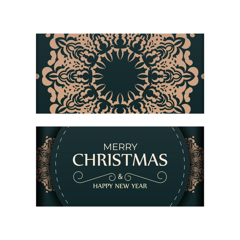 Merry Christmas and Happy New Year greeting card template in dark green color with vintage yellow pattern vector