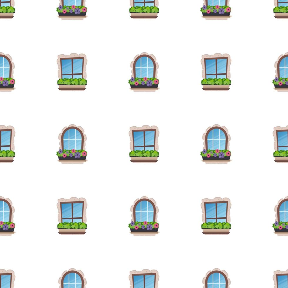 Seamless pattern with windows and flowers. Good for backgrounds, books, and wrapping paper. Vector illustration.