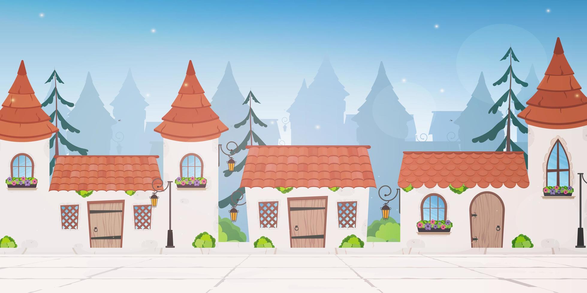 Provincial town. Fairy houses. Cartoon style. Vector
