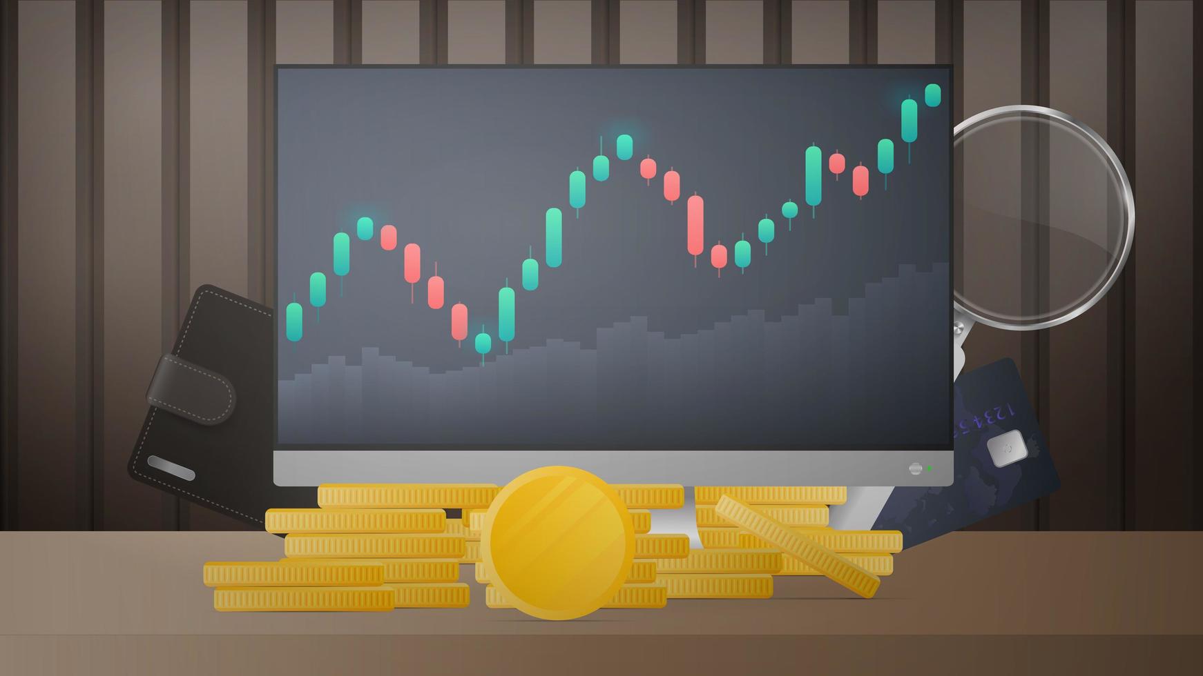 monitor con visualización de cotizaciones bursátiles, monedas de oro, tarjeta bancaria, moneda y lupa. concepto de negociación de inversión en el mercado de valores. ilustración vectorial vector