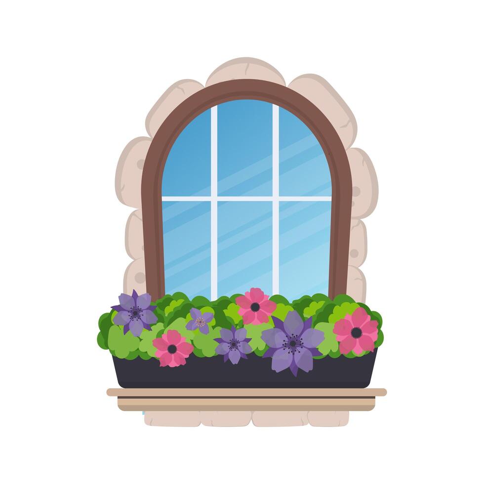 ventana con flores aisladas. revestimiento de piedra. elementos para el diseño de juegos o casas. vector. vector