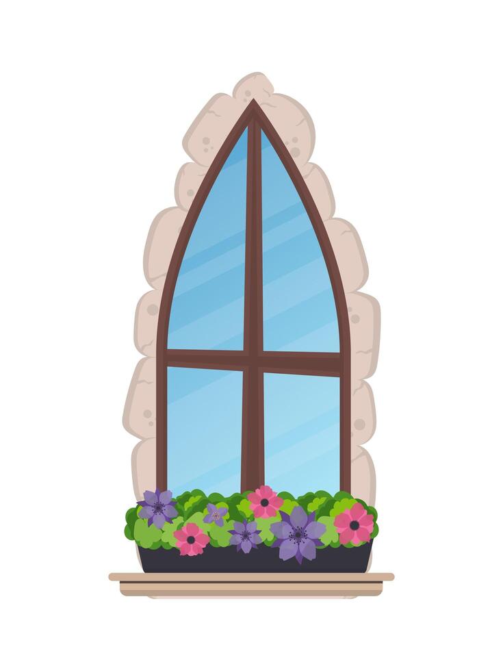 antigua ventana con flores y revestimiento de piedra. estilo de dibujos animados ilustración vectorial vector