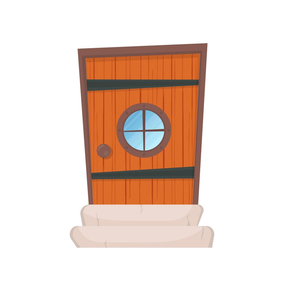 Antique rectangular wooden entrance door with a round window. Cartoon style. Isolated. Vector. vector