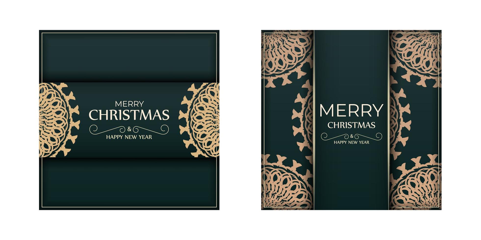 Merry christmas dark green color greeting flyer template with vintage yellow ornament vector