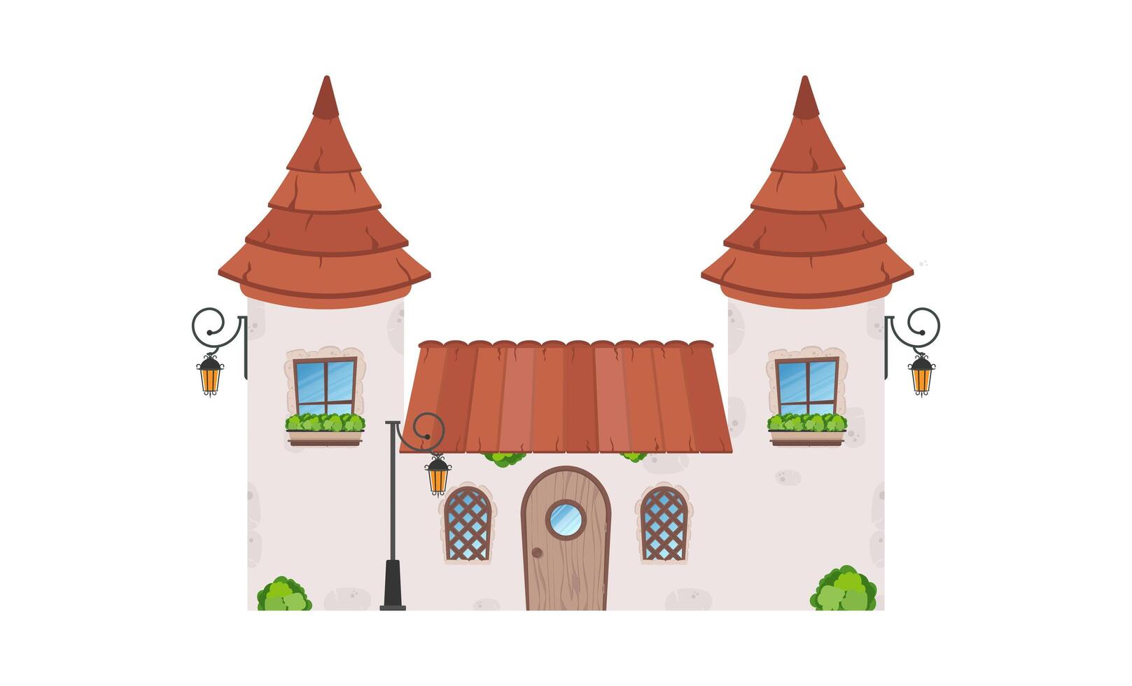 House with towers. Stone building with windows, door and roof. Cartoon style. For the design of games, postcards and books. Isolated Vector illustration.