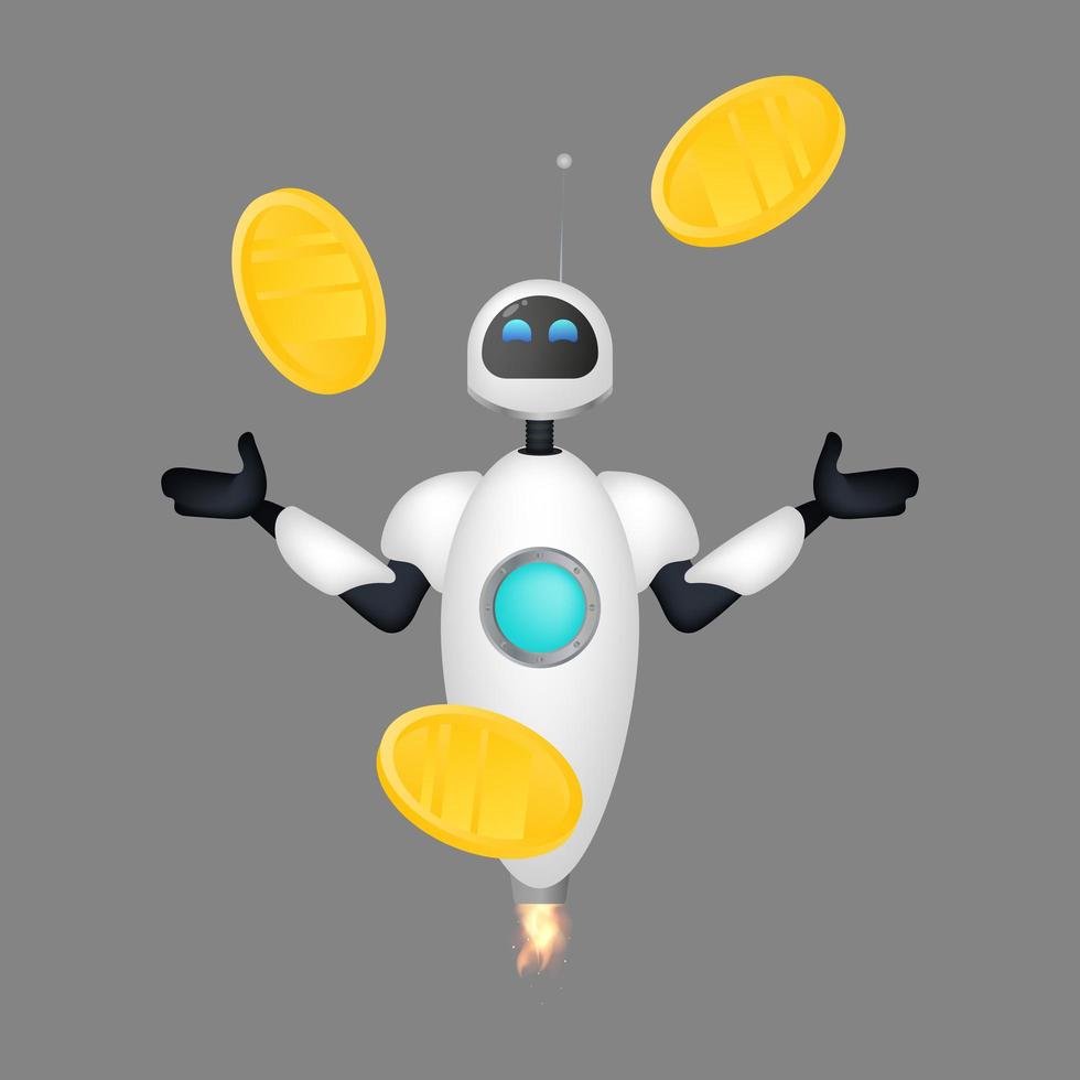 White flying robot and gold coins in the air. The concept of saving and returning money. Isolated. Vector. vector