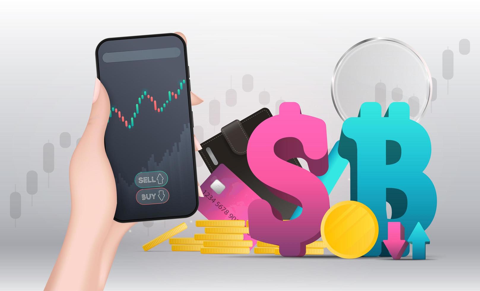 A hand holds a phone with a growth graph. The concept of trading on the finance exchange. Bitcoin and dollar. Realistic style. Vector. vector
