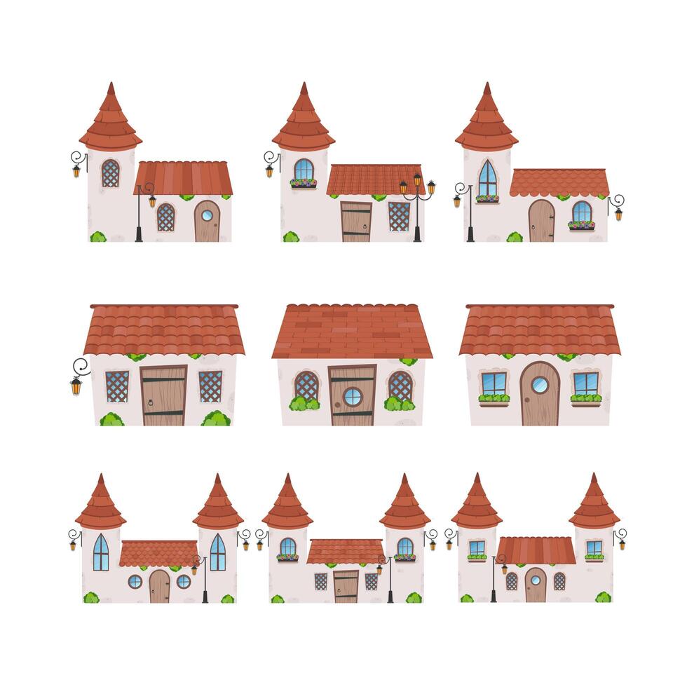 Big set of fairy houses. Stone building with windows, door and roof. Cartoon style. For the design of games, postcards and books. Isolated on white background. Vector illustration.