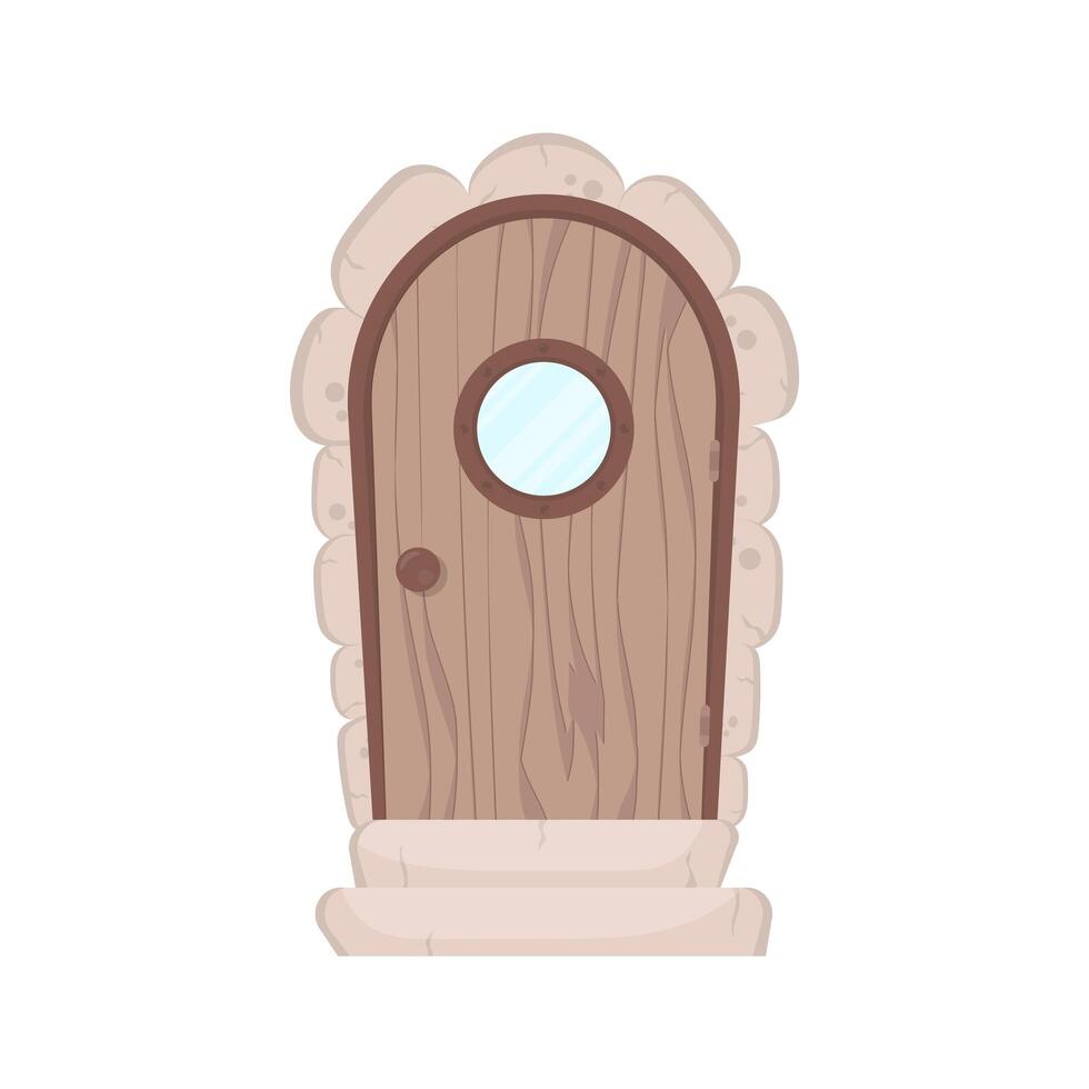 Antique wooden door with a round window. Stone cladding and steps. Wood texture. Isolated, vector illustration.