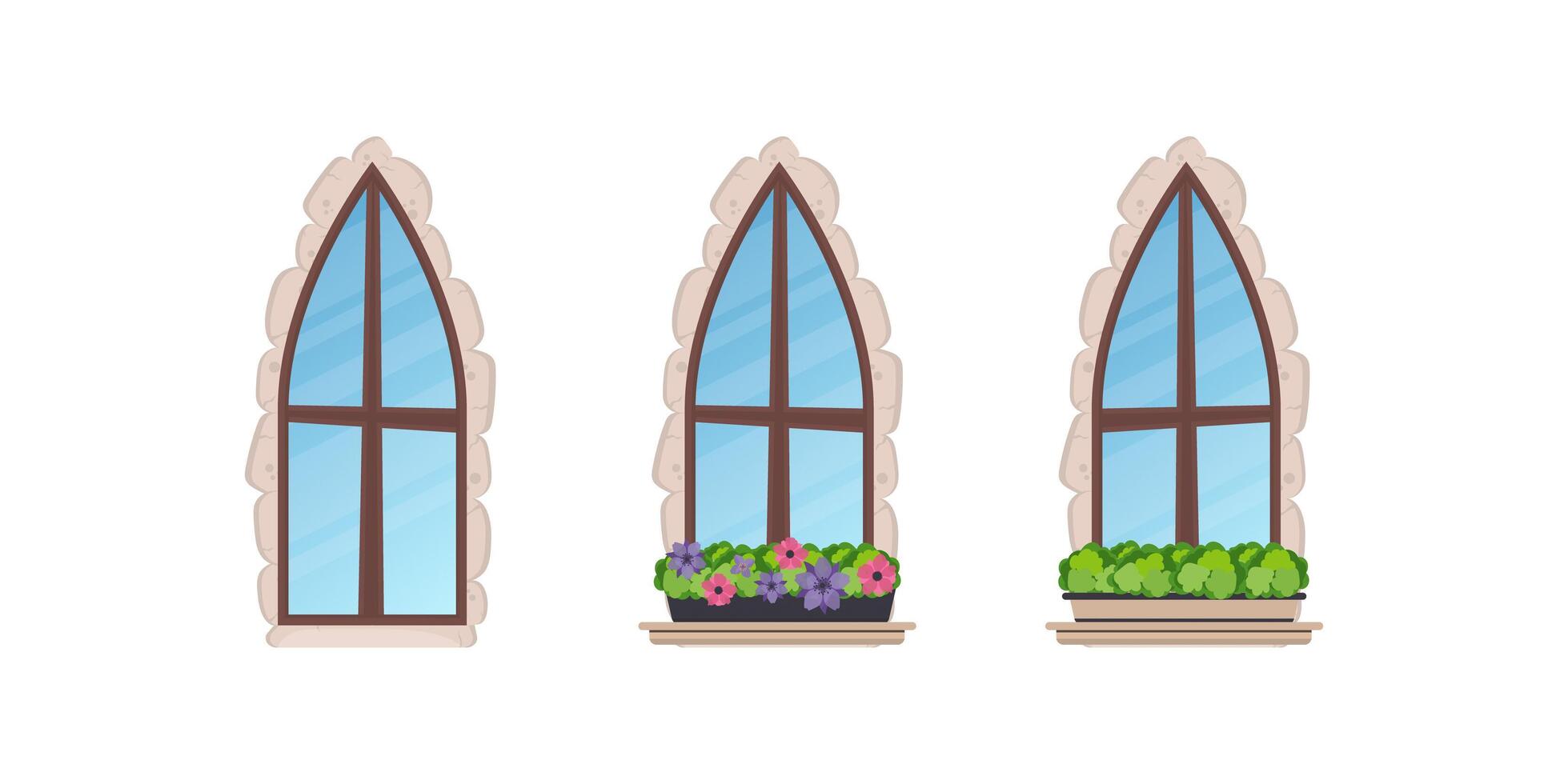 conjunto de ventanas antiguas con flores y revestimiento de piedra. estilo de dibujos animados ilustración vectorial vector