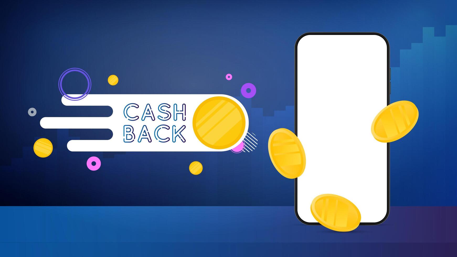 Cashback banner. Gold coins are falling. Phone with a white screen. Concept on the topic of finance, cashback and earnings. . vector