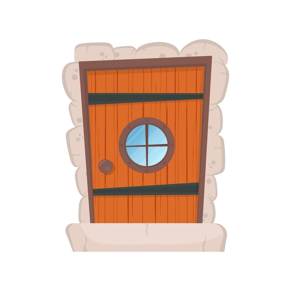 antigua puerta de entrada rectangular de madera con ventana redonda. revestimiento de piedra. estilo de dibujos animados aislado. vector. vector