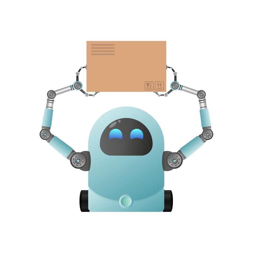 A small futuristic robot is holding a box. Cargo delivery concept. Isolated. Cartoon style. Vector illustration.